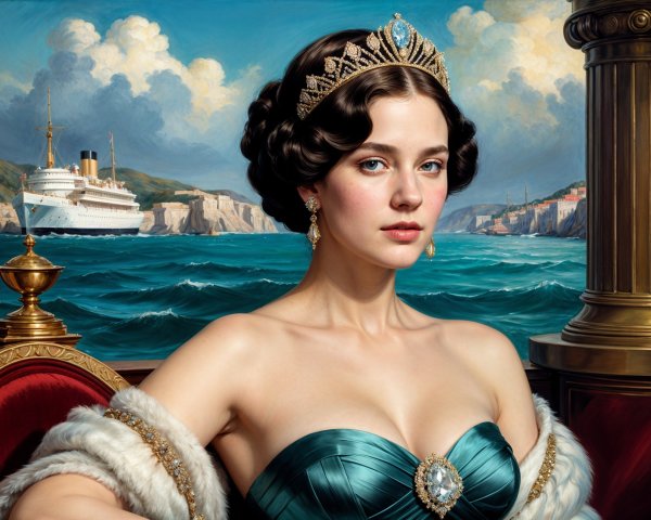 Elegant Young Woman in Emerald Gown by the Sea