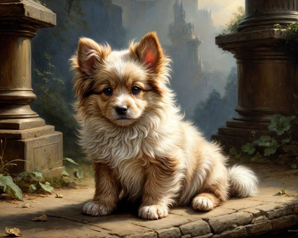 Fluffy tan puppy on cobblestone path in lush setting