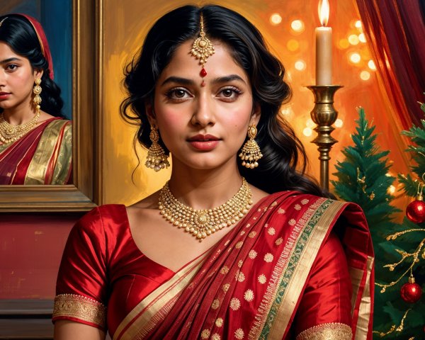 Young Woman in Red Saree with Jewelry and Candlelight