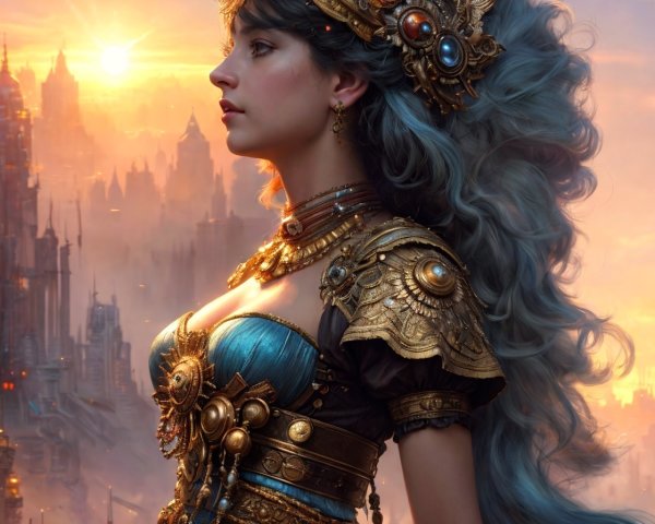 Steampunk Attire with City Spires at Sunset