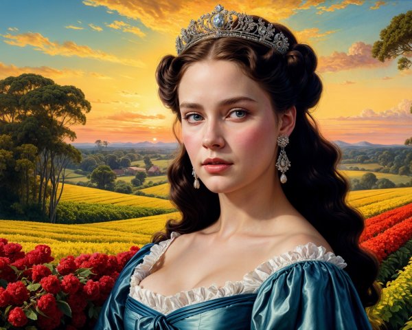 Young woman in blue gown against vibrant sunset landscape