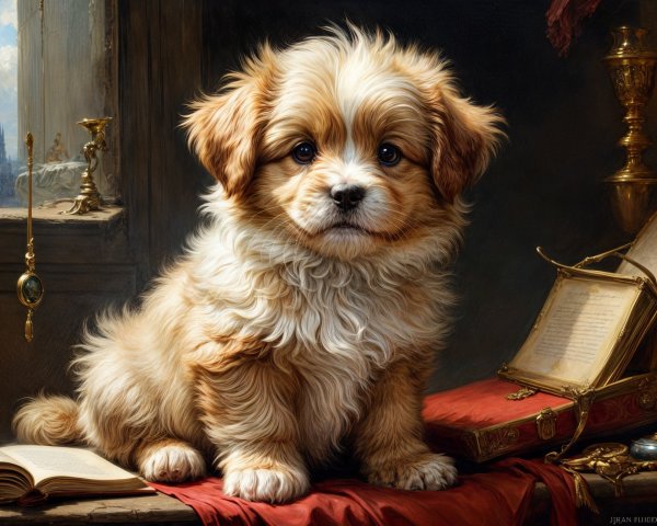 Fluffy puppy on a richly draped table with decor
