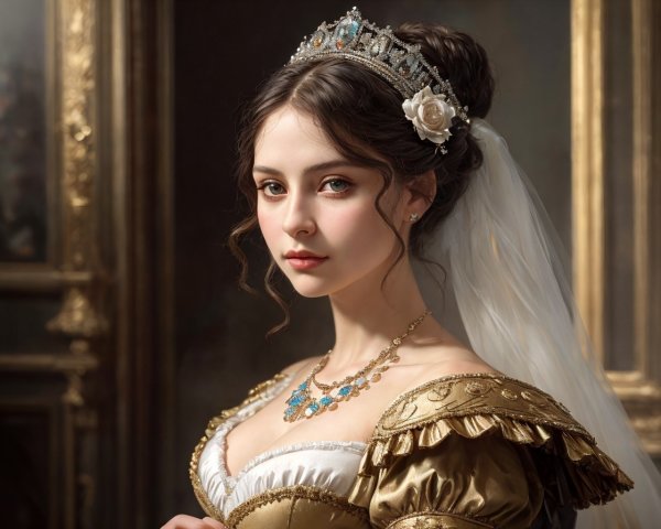 Royal woman in gown, tiara, and veil in vintage setting.