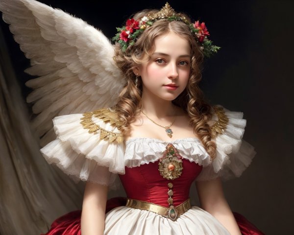 Young woman with angel wings and floral crown in red and white dress