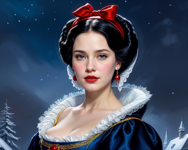 Young Woman in Blue Gown with Winter Landscape Background