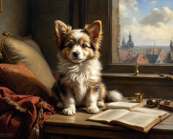 Fluffy Puppy on Table with Book and Scenic View