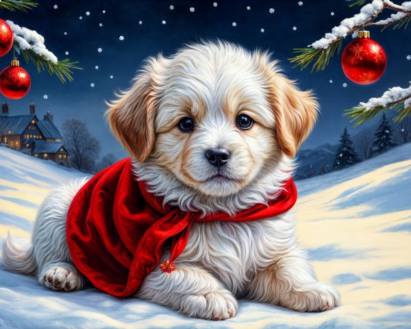 Puppy in Snowy Landscape with Red Scarf and Ornaments