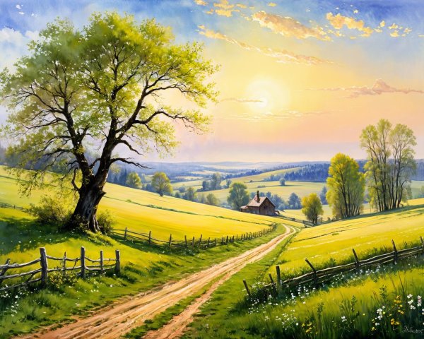 Serene Landscape with Winding Path and Farmhouse