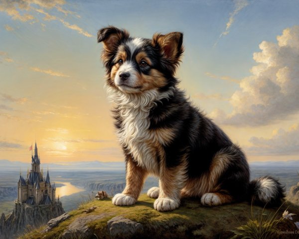 Dog on Rocky Ledge with Sunset and Castle Background