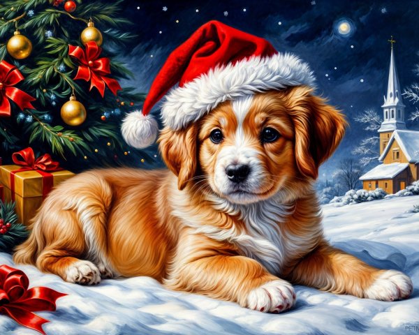 Festive Puppy in Santa Hat Amid Snowy Christmas Scene