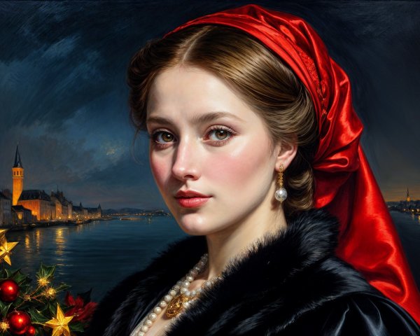 Young woman in black fur coat with night scene backdrop