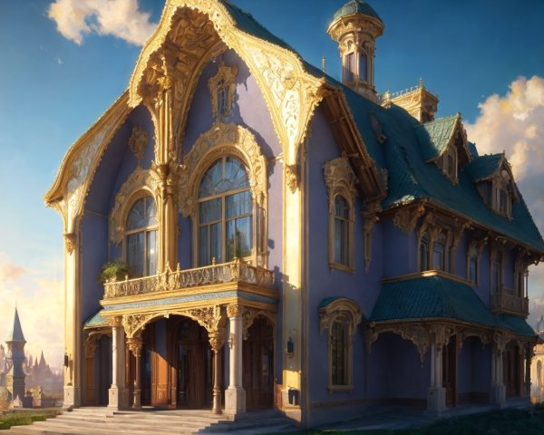 Ornate Fantasy House with Gold Trimmings and Blue Facade