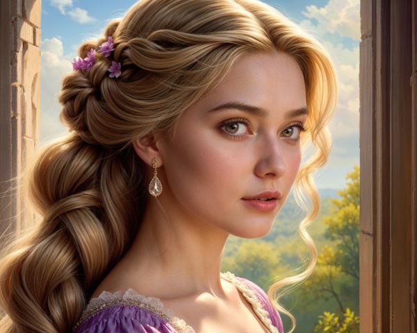 Young Woman in Lavender Dress by Window with Flowers