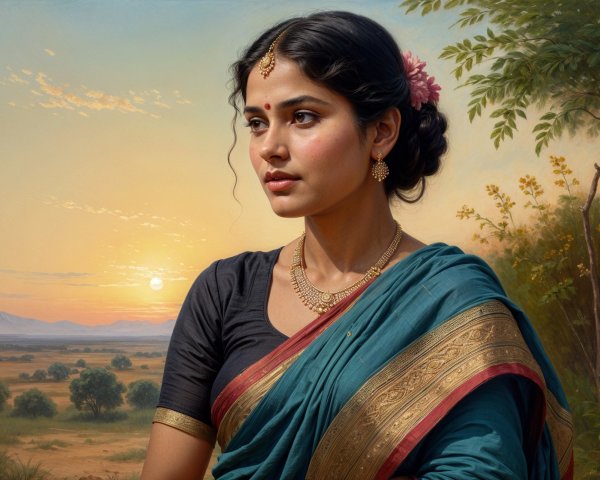 Young Woman in Teal Saree with Sunset Background