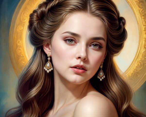 Young woman with wavy hair and pearl earrings