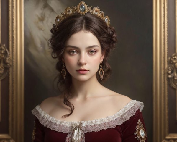 Portrait of young woman in ornate crown and red dress against classic background