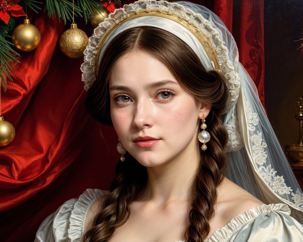 Young woman in gown with festive holiday backdrop