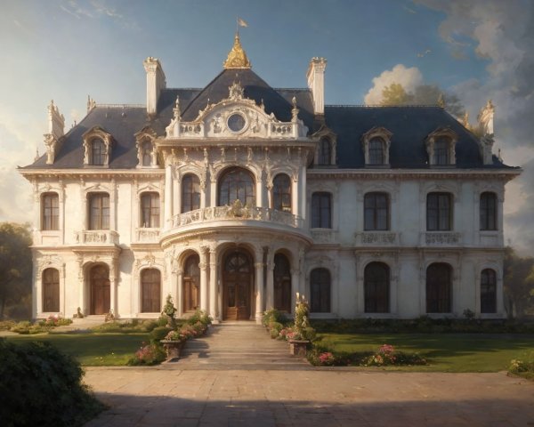 Ornate Mansion with Symmetrical Facade and Sculptures
