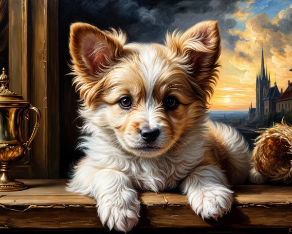 Fluffy Dog on Wooden Ledge with Sunset Background