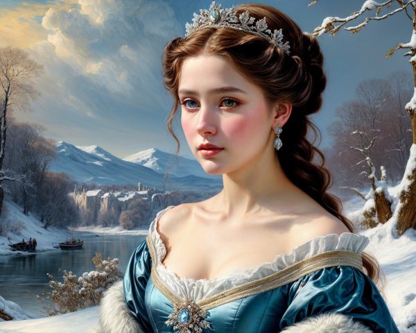 Young Woman in Elegant Gown in Winter Landscape