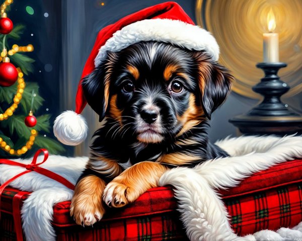 Puppy on Christmas Blanket with Tree and Candle