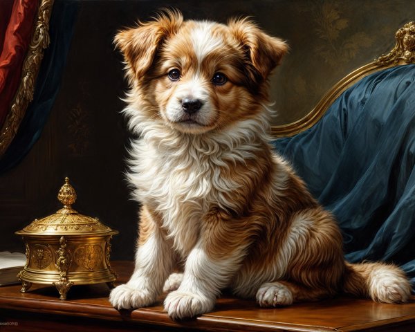 Fluffy Golden-Brown Puppy on Ornate Wooden Table