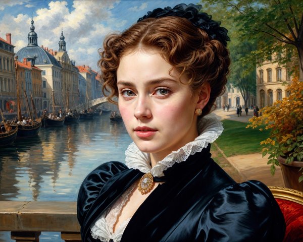 Portrait of a Young Woman by a Picturesque Canal