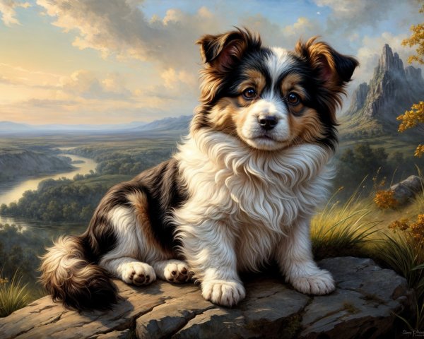 Fluffy Dog on Rocky Outcrop in Scenic Landscape