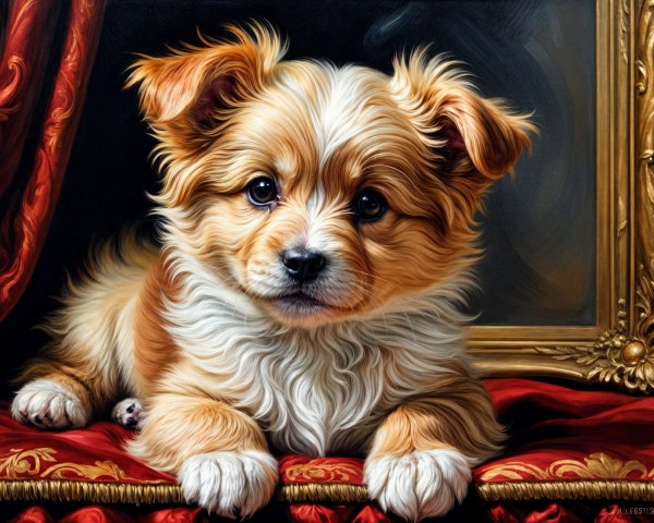 Detailed Portrait of a Fluffy Brown and White Puppy