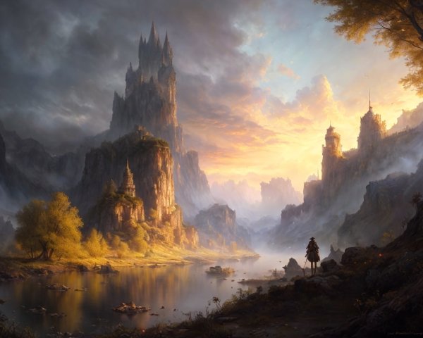 Fantasy landscape with castle, knight, river, and sunset