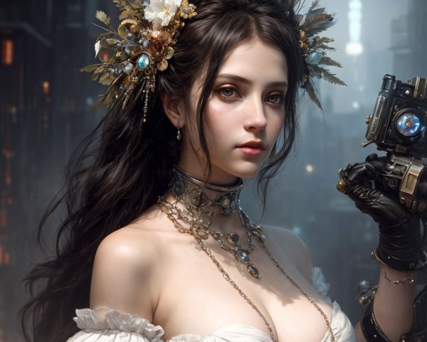 Digital artwork featuring woman with ornate headdress, steampunk prosthetic arm, Victorian dress,