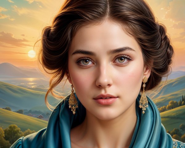 Young woman in turquoise garment against sunset landscape