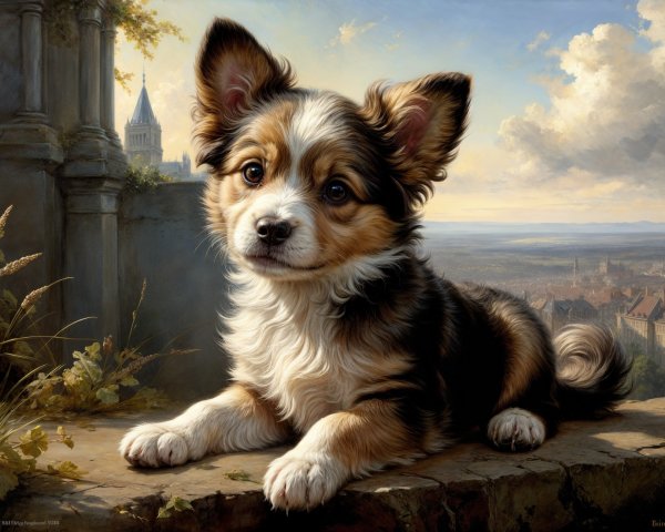 Fluffy Puppy on Stone Ledge with Scenic Landscape