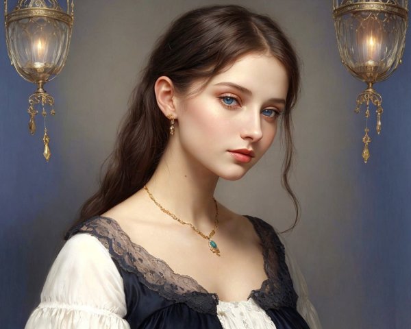 Young woman portrait: blue eyes, brown hair, black & white dress with lace, delicate necklace
