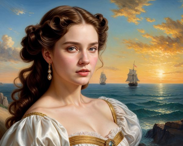 Young woman in historical dress with ships at sunset