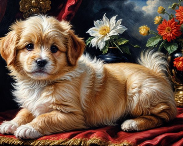 Fluffy Golden Puppy on Rich Red Fabric with Flowers