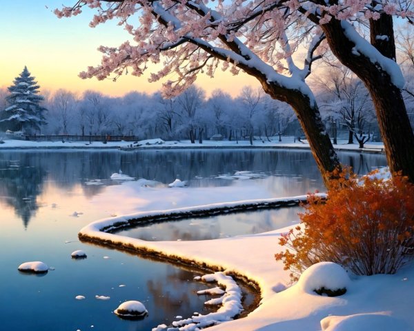 Winter Park Scene: Snow, Cherry Blossoms, Lake, Twilight Colors