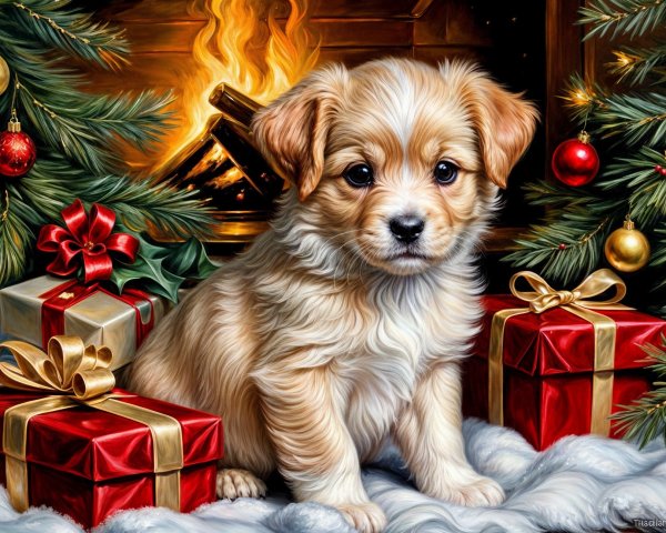 Golden Puppy Surrounded by Festive Holiday Decor