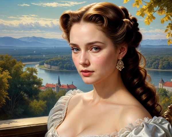 Thoughtful Woman in Elegant Dress by Serene Landscape