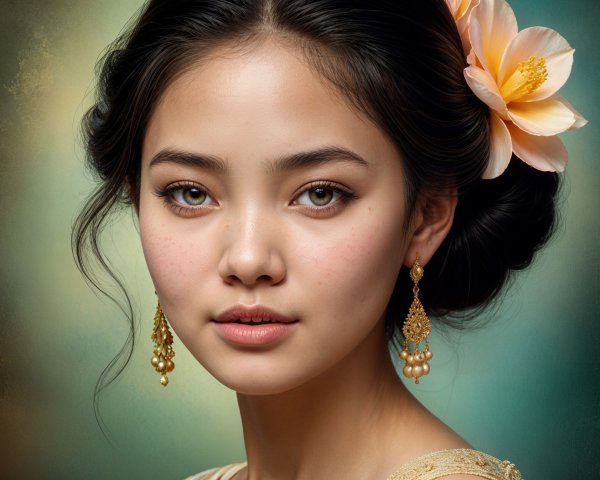 Young woman with serene expression and elegant attire