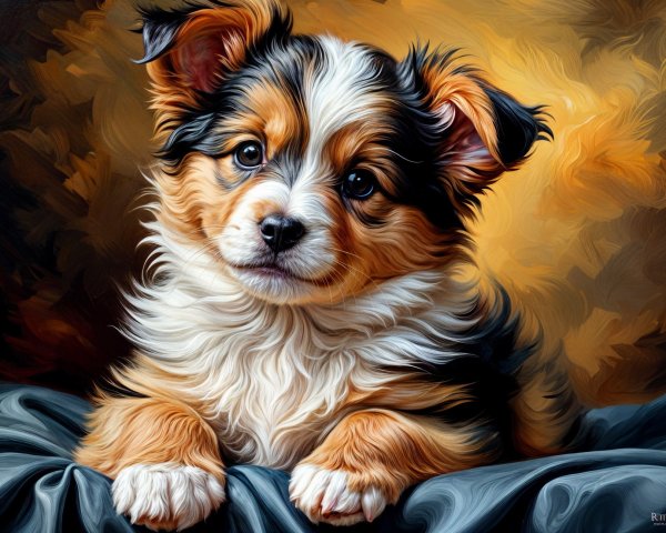 Charming Puppy with Fluffy Black, White, and Orange Coat
