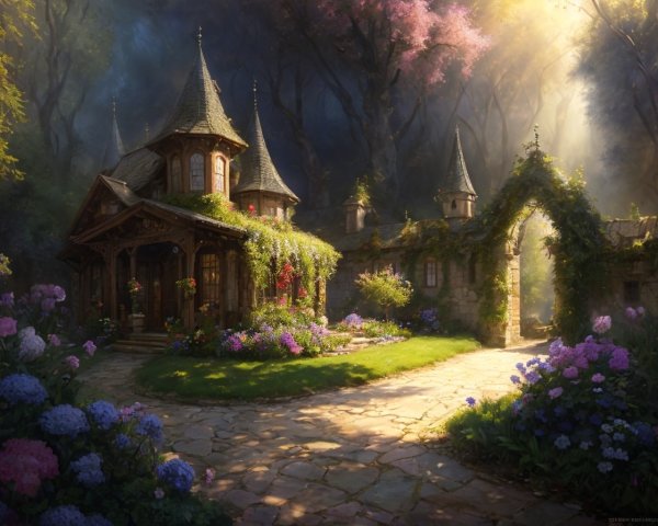 Charming forest cottage with blooming flowers and ivy-covered walls