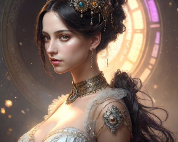 Young Woman in Elegant Gown with Vintage Clock Backdrop