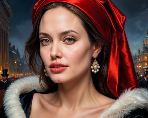 Portrait of a Woman in Black Fur Coat and Red Headscarf