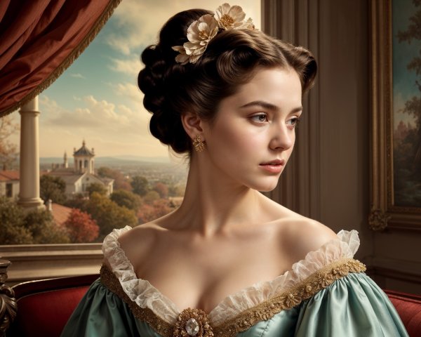 Vintage Fashion Depiction of a Serene Young Woman