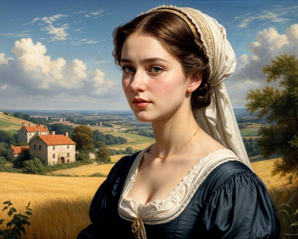 19th-Century Woman in Serene Landscape Setting
