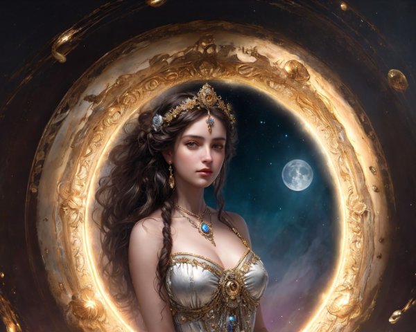Regal woman in crown and gown with celestial backdrop.