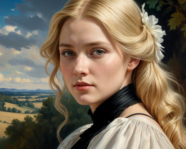 Young Woman with Blonde Hair in Scenic Landscape