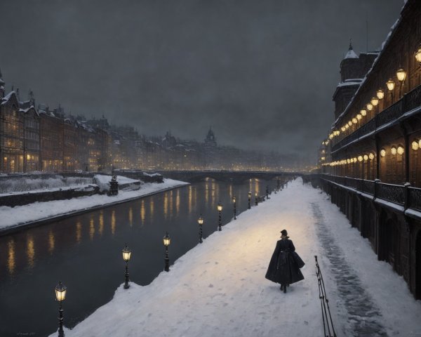 Snow-covered promenade with illuminated street lamps and historical buildings by a river at dusk