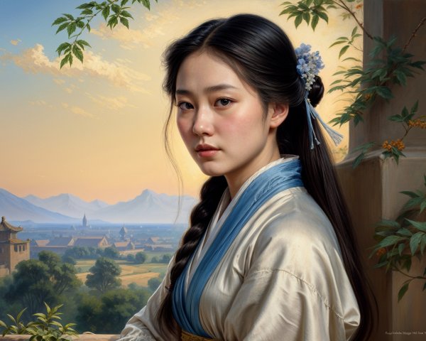 Young woman in traditional East Asian garment at sunset